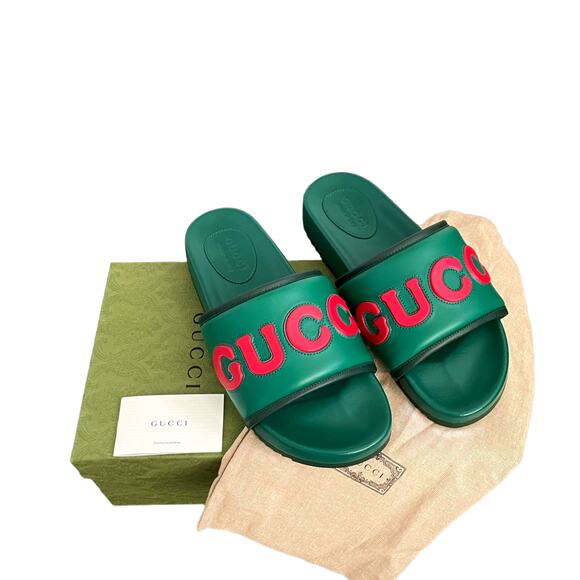 GUCCI  Jumbo Logo Embossed Slide Sandals Italian Leather Green Men's Size G9 NEW - Picture 11 of 12